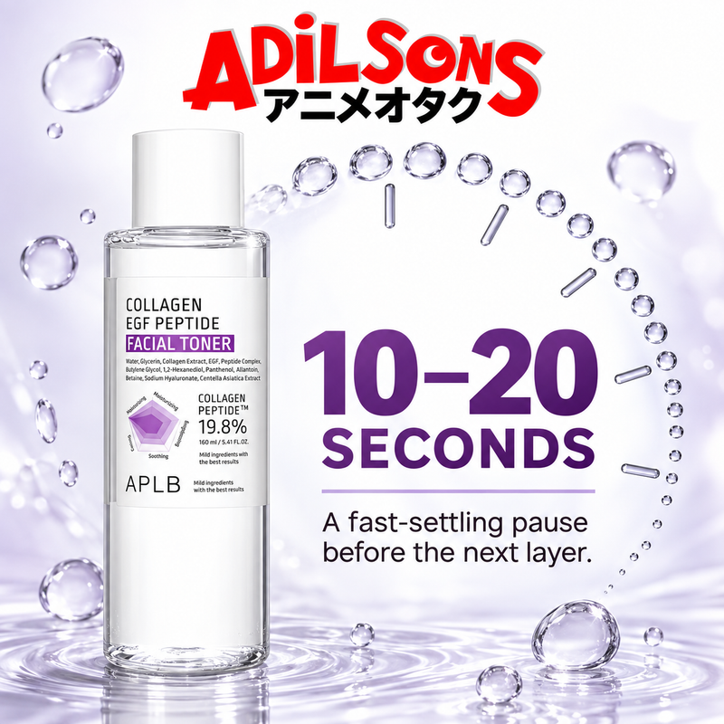 Adilsons Beauty APLB Collagen EGF Peptide Facial Toner 160ml ad: 10–20 SECONDS / A fast-settling pause before the next layer.