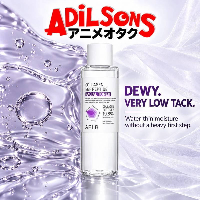 Adilsons Beauty APLB Collagen EGF Peptide Facial Toner 160ml ad: DEWY. VERY LOW TACK. / Water-thin moisture without a heavy first step.