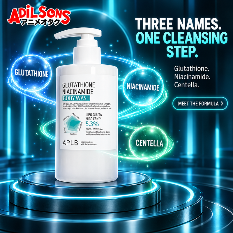 Adilsons creative for APLB Glutathione Niacinamide Body Wash 300ml — THREE NAMES. ONE CLEANSING STEP.