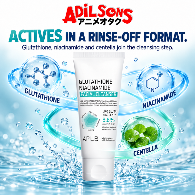 APLB Glutathione Niacinamide Facial Cleanser 80ml ad: ACTIVES IN A RINSE-OFF FORMAT.