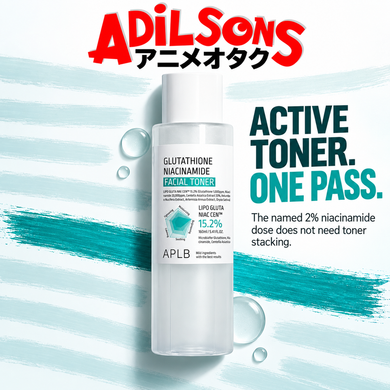 Adilsons Beauty APLB Glutathione Niacinamide Facial Toner 160ml ad: ACTIVE TONER. ONE PASS. / The named 2% niacinamide dose does not need toner stacking.
