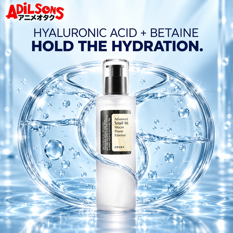Adilsons creative for COSRX Advanced Snail 96 Mucin Power Essence 100ml — HYALURONIC ACID + BETAINE HOLD THE HYDRATION.