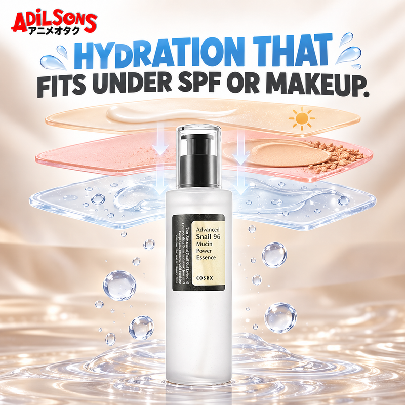 Adilsons creative for COSRX Advanced Snail 96 Mucin Power Essence 100ml — HYDRATION THAT FITS UNDER SPF OR MAKEUP.