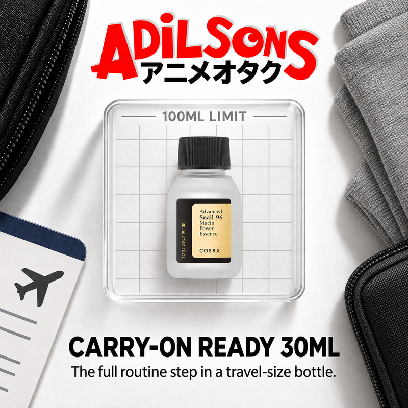 Adilsons Beauty COSRX Advanced Snail 96 Mucin Power Essence 30ml ad: CARRY-ON READY 30ML / The full routine step in a travel-size bottle.