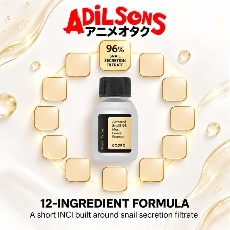 Adilsons Beauty COSRX Advanced Snail 96 Mucin Power Essence 30ml ad: 12-INGREDIENT FORMULA / A short INCI built around snail secretion filtrate.