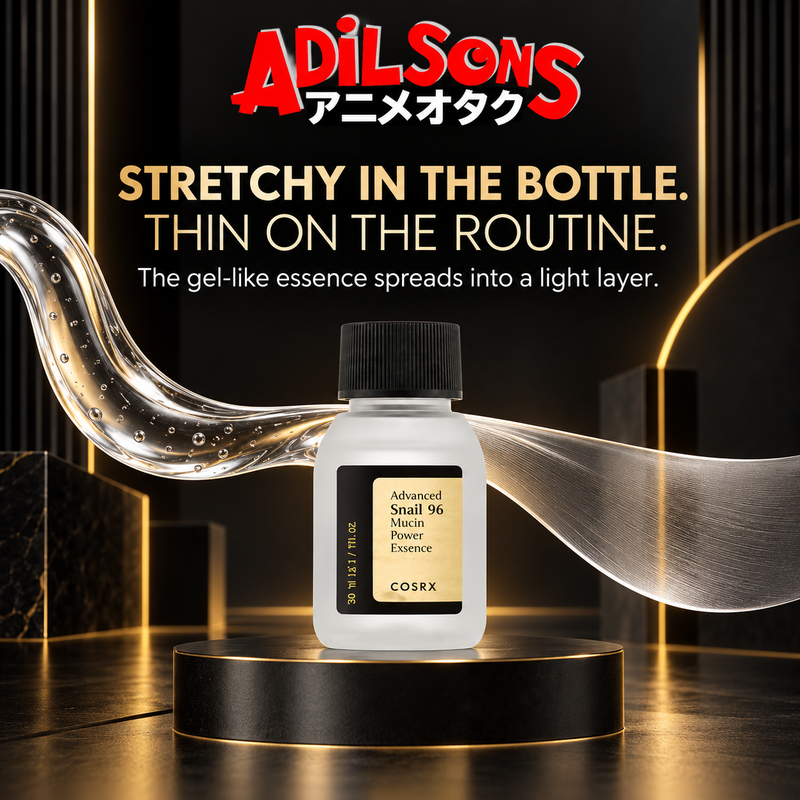 Adilsons Beauty COSRX Advanced Snail 96 Mucin Power Essence 30ml ad: STRETCHY IN THE BOTTLE. THIN ON THE ROUTINE. / The gel-like essence spreads into a light layer.