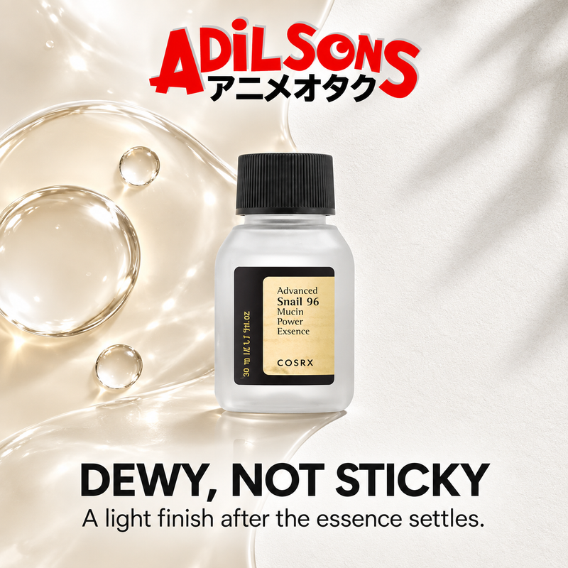 Adilsons Beauty COSRX Advanced Snail 96 Mucin Power Essence 30ml ad: DEWY, NOT STICKY / A light finish after the essence settles.