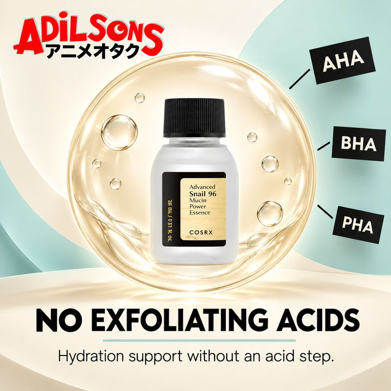Adilsons Beauty COSRX Advanced Snail 96 Mucin Power Essence 30ml ad: NO EXFOLIATING ACIDS / Hydration support without an acid step.