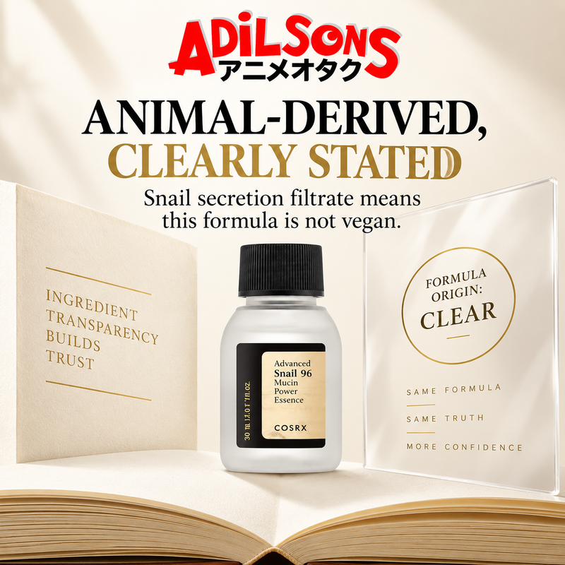 Adilsons Beauty COSRX Advanced Snail 96 Mucin Power Essence 30ml ad: ANIMAL-DERIVED, CLEARLY STATED / Snail secretion filtrate means this formula is not vegan.