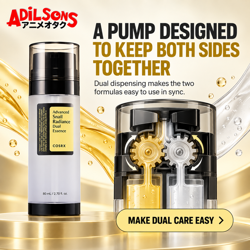 Adilsons creative for COSRX Advanced Snail Radiance Dual Essence 80ml — A PUMP DESIGNED TO KEEP BOTH SIDES TOGETHER