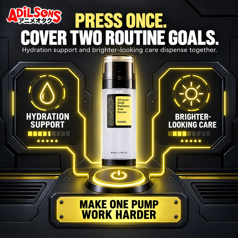 Adilsons creative for COSRX Advanced Snail Radiance Dual Essence 80ml — PRESS ONCE. COVER TWO ROUTINE GOALS.