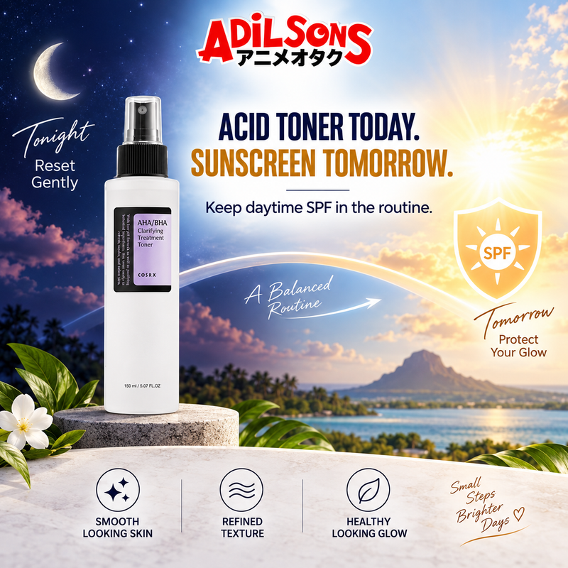 Acid toner at night paired with daytime sunscreen care