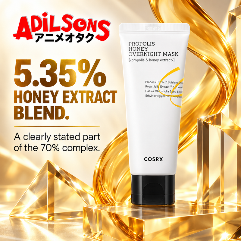 COSRX Full Fit Propolis Honey Overnight Mask ad: 5.35% HONEY EXTRACT BLEND.