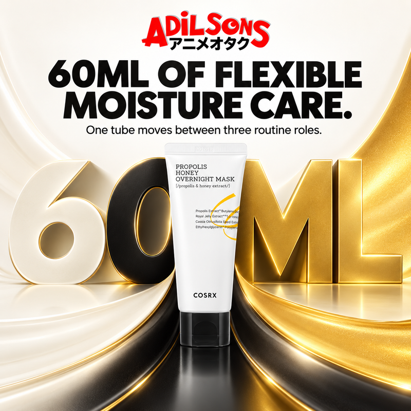 COSRX Full Fit Propolis Honey Overnight Mask ad: 60ML OF FLEXIBLE MOISTURE CARE.