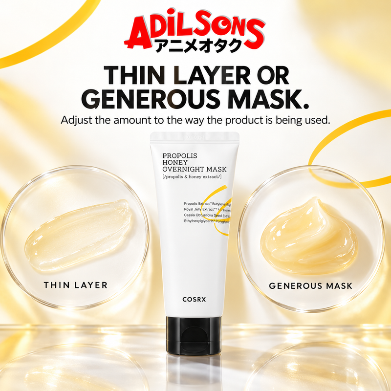 COSRX Full Fit Propolis Honey Overnight Mask ad: THIN LAYER OR GENEROUS MASK.