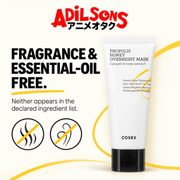 COSRX Full Fit Propolis Honey Overnight Mask ad: FRAGRANCE & ESSENTIAL-OIL FREE.
