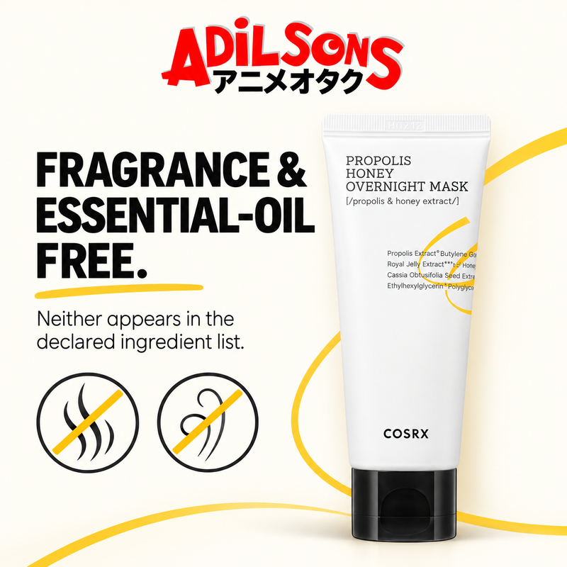 COSRX Full Fit Propolis Honey Overnight Mask ad: FRAGRANCE & ESSENTIAL-OIL FREE.