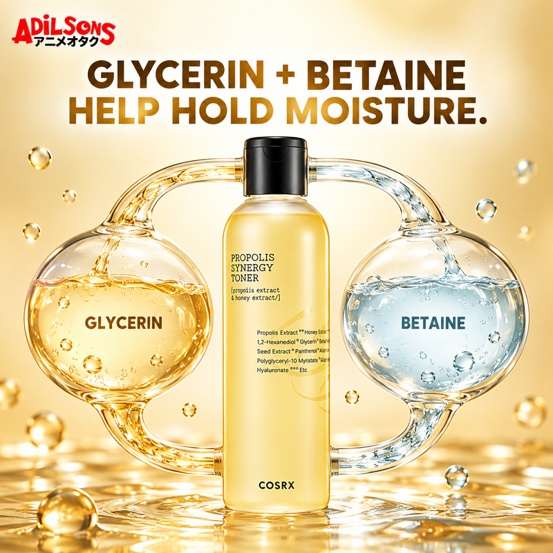 Adilsons creative for COSRX Full Fit Propolis Synergy Toner 150ml — GLYCERIN + BETAINE HELP HOLD MOISTURE.