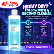 Adilsons creative for COSRX Low pH Niacinamide Micellar Cleansing Water 400ml — HEAVY DAY? FOLLOW WITH A SECOND CLEANSE.