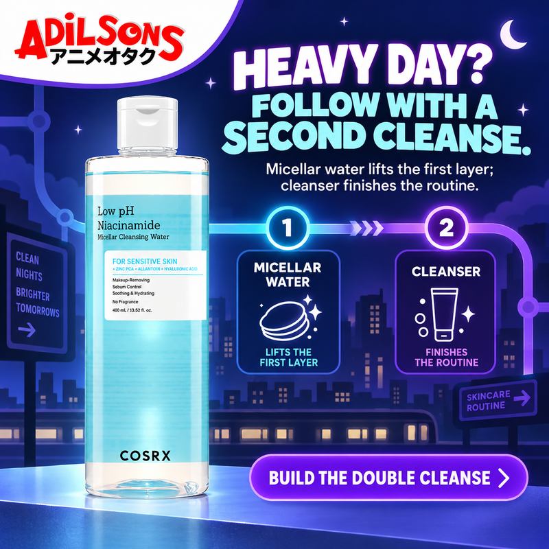 Adilsons creative for COSRX Low pH Niacinamide Micellar Cleansing Water 400ml — HEAVY DAY? FOLLOW WITH A SECOND CLEANSE.