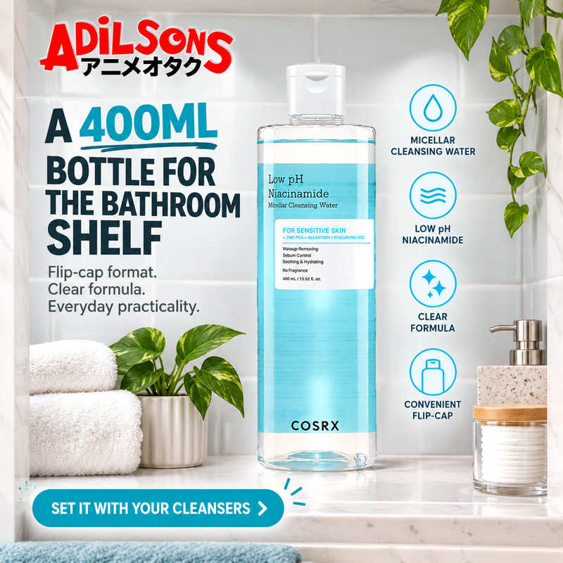 Adilsons creative for COSRX Low pH Niacinamide Micellar Cleansing Water 400ml — A 400ML BOTTLE FOR THE BATHROOM SHELF