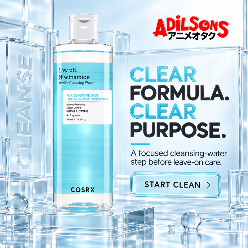 Adilsons creative for COSRX Low pH Niacinamide Micellar Cleansing Water 400ml — CLEAR FORMULA. CLEAR PURPOSE.