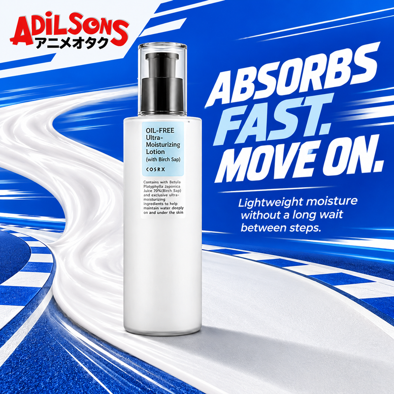 Adilsons Beauty COSRX Oil-Free Ultra-Moisturizing Lotion with Birch Sap 100ml ad: ABSORBS FAST. MOVE ON. / Lightweight moisture without a long wait between steps.