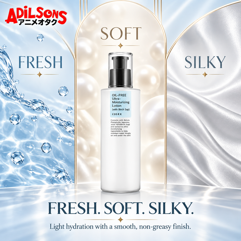 Adilsons Beauty COSRX Oil-Free Ultra-Moisturizing Lotion with Birch Sap 100ml ad: FRESH. SOFT. SILKY. / Light hydration with a smooth, non-greasy finish.