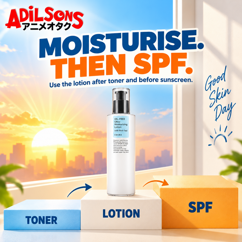 Adilsons Beauty COSRX Oil-Free Ultra-Moisturizing Lotion with Birch Sap 100ml ad: MOISTURISE. THEN SPF. / Use the lotion after toner and before sunscreen.