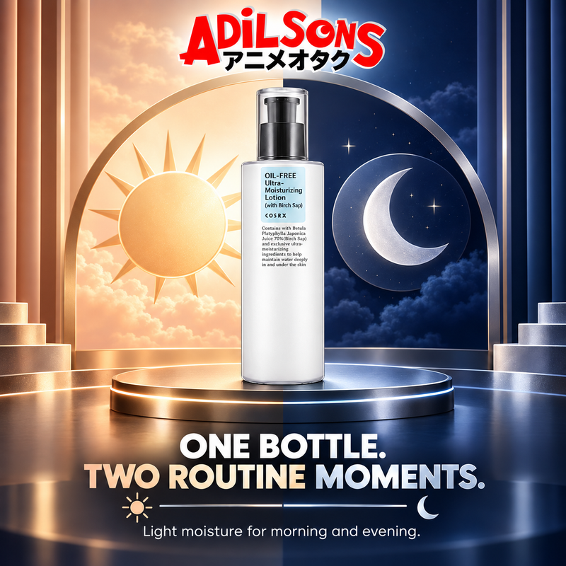 Adilsons Beauty COSRX Oil-Free Ultra-Moisturizing Lotion with Birch Sap 100ml ad: ONE BOTTLE. TWO ROUTINE MOMENTS. / Light moisture for morning and evening.