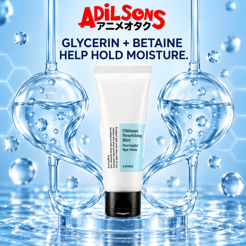 Adilsons creative for COSRX Ultimate Nourishing Rice Overnight Spa Mask 60ml — GLYCERIN + BETAINE HELP HOLD MOISTURE.