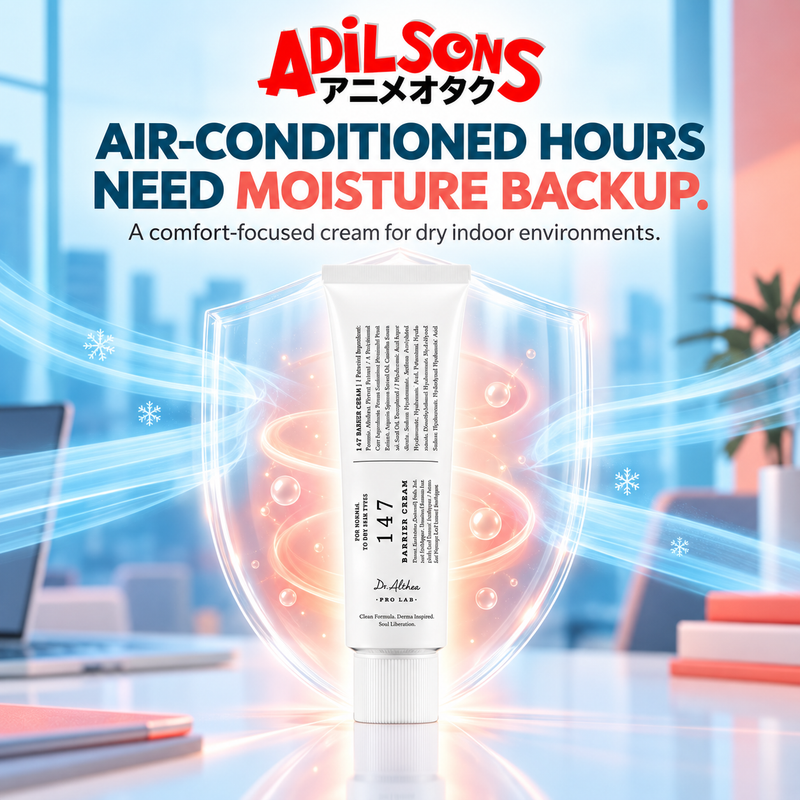 Dr.Althea 147 Barrier Cream 50ml ad: AIR-CONDITIONED HOURS NEED MOISTURE BACKUP.