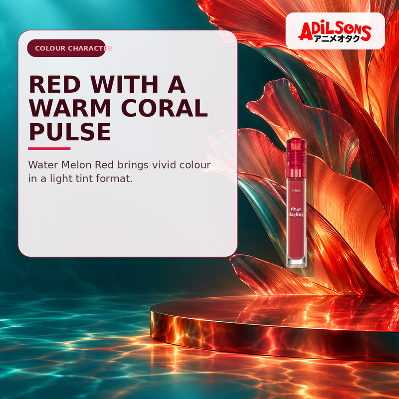 Adilsons Beauty creative for ETUDE Dear Darling Water Gel Tint #08 Water Melon Red 5g — Warm red-coral colour character.