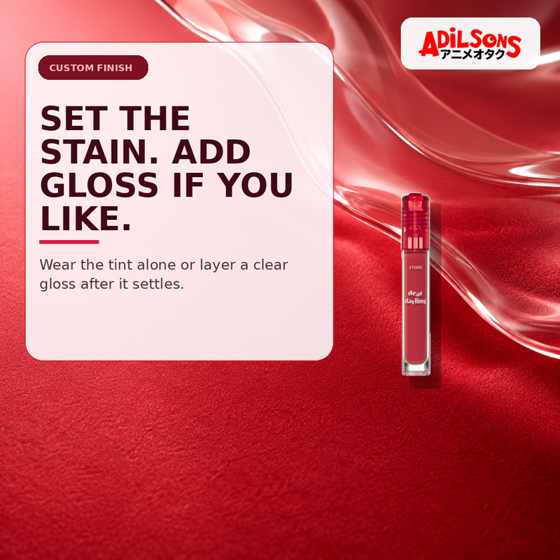 Adilsons Beauty creative for ETUDE Dear Darling Water Gel Tint #08 Water Melon Red 5g — Optional clear-gloss pairing.