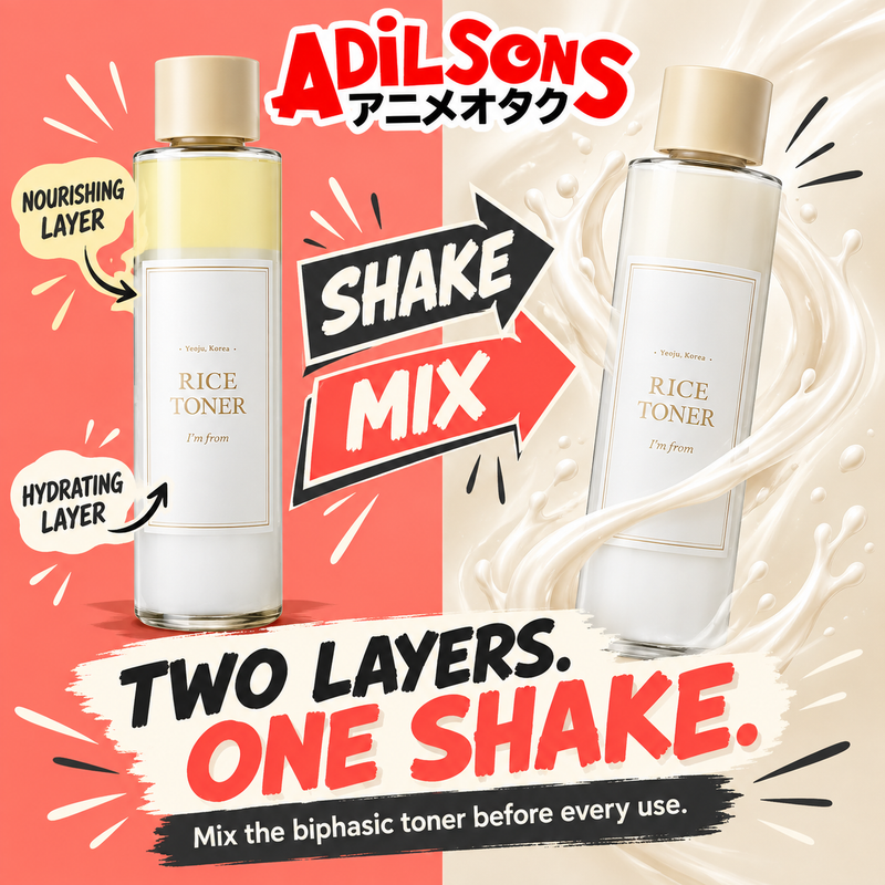 Adilsons Beauty I'm From Rice Toner 150ml ad: TWO LAYERS. ONE SHAKE. / Mix the biphasic toner before every use.