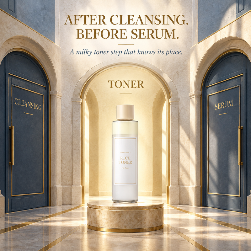Adilsons Beauty I'm From Rice Toner 150ml ad: AFTER CLEANSING. BEFORE SERUM. / A milky toner step that knows its place.