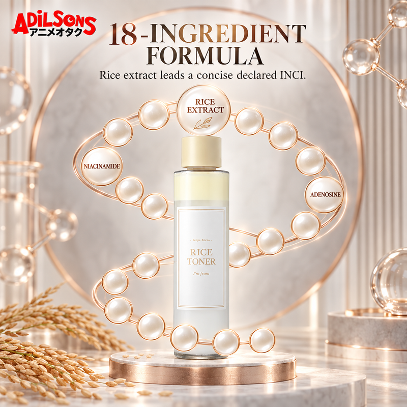 Adilsons Beauty I'm From Rice Toner 150ml ad: 18-INGREDIENT FORMULA / Rice extract leads a concise declared INCI.