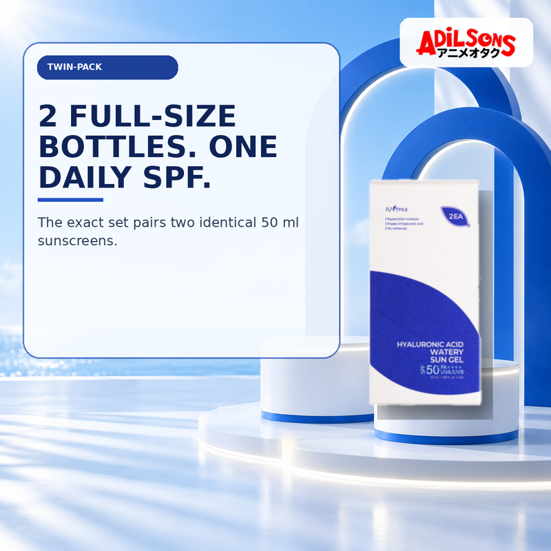 Adilsons Beauty creative for IsNtree Hyaluronic Acid Watery Sun Gel twin pack — Exact twin-pack format.