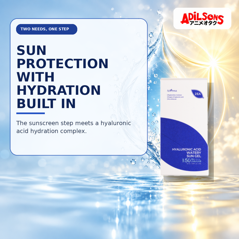 Adilsons Beauty creative for IsNtree Hyaluronic Acid Watery Sun Gel twin pack — Hydration plus sun protection.