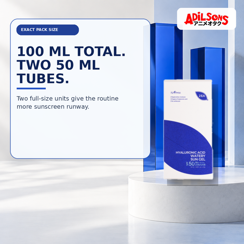 Adilsons Beauty creative for IsNtree Hyaluronic Acid Watery Sun Gel twin pack — Exact total volume.
