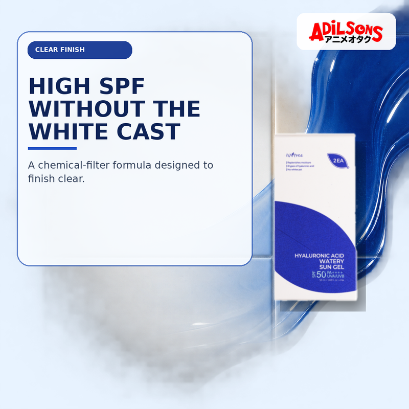 Adilsons Beauty creative for IsNtree Hyaluronic Acid Watery Sun Gel twin pack — No-white-cast finish.