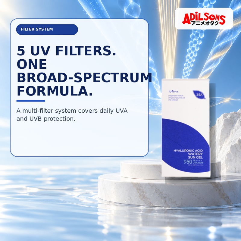Adilsons Beauty creative for IsNtree Hyaluronic Acid Watery Sun Gel twin pack — Five-filter system.