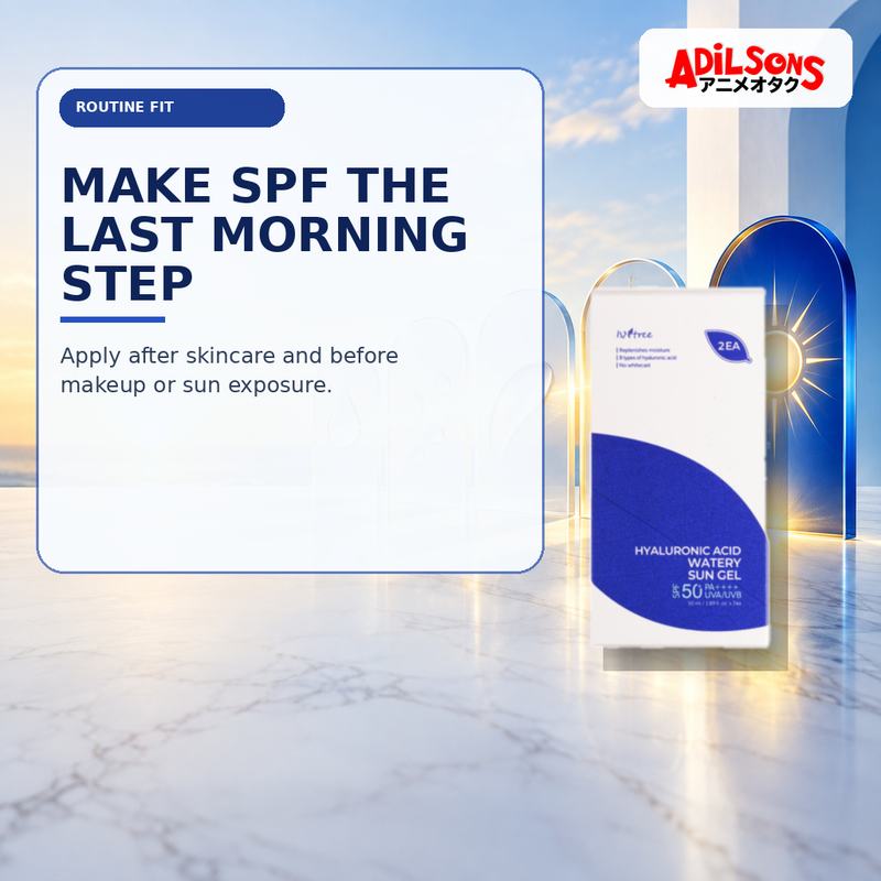 Adilsons Beauty creative for IsNtree Hyaluronic Acid Watery Sun Gel twin pack — Morning final-step role.