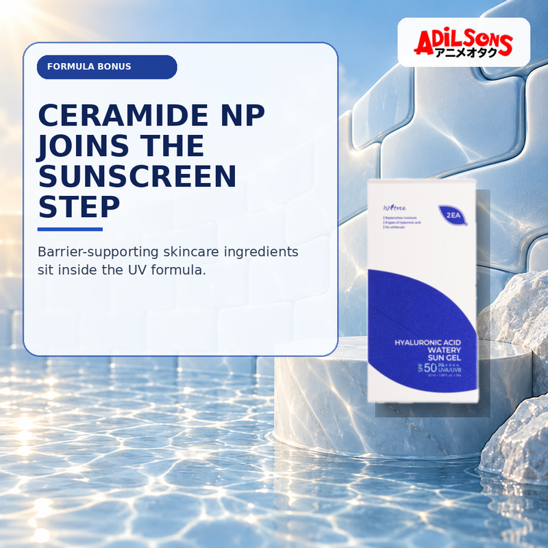 Adilsons Beauty creative for IsNtree Hyaluronic Acid Watery Sun Gel twin pack — Ceramide NP formula support.
