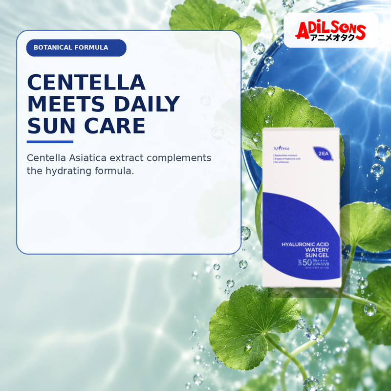 Adilsons Beauty creative for IsNtree Hyaluronic Acid Watery Sun Gel twin pack — Centella Asiatica formula bonus.