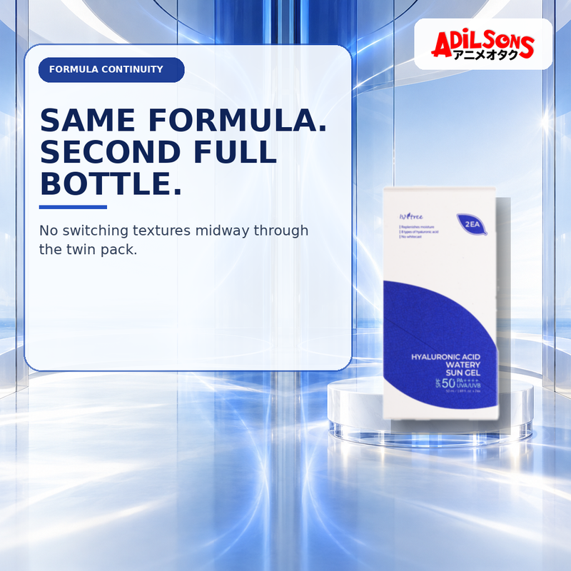 Adilsons Beauty creative for IsNtree Hyaluronic Acid Watery Sun Gel twin pack — Identical formula continuity.