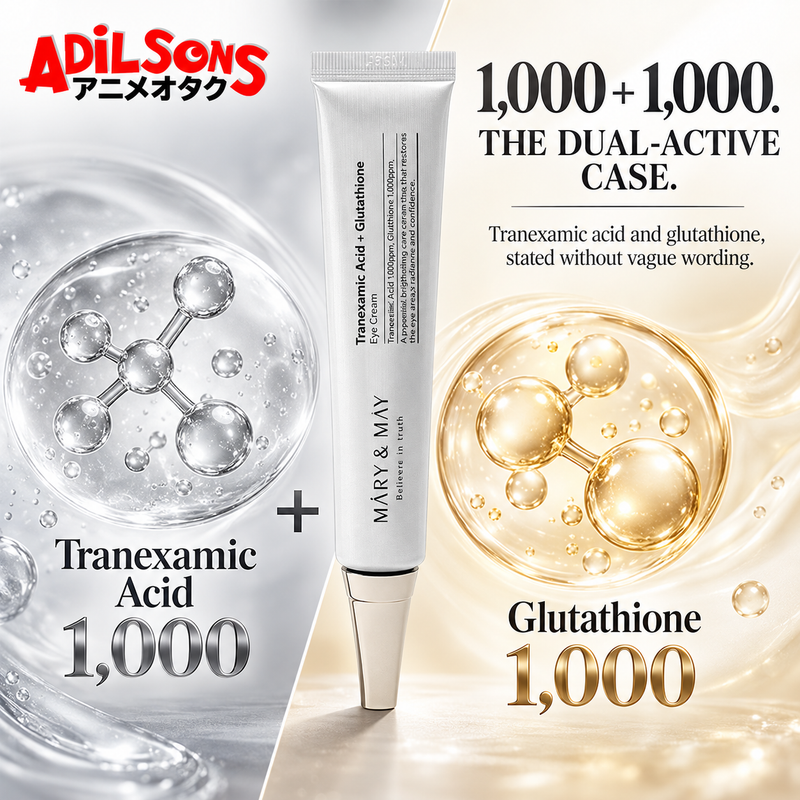 MARY&MAY Tranexamic Acid + Glutathione Eye Cream creative: 1,000 + 1,000. THE DUAL-ACTIVE CASE.