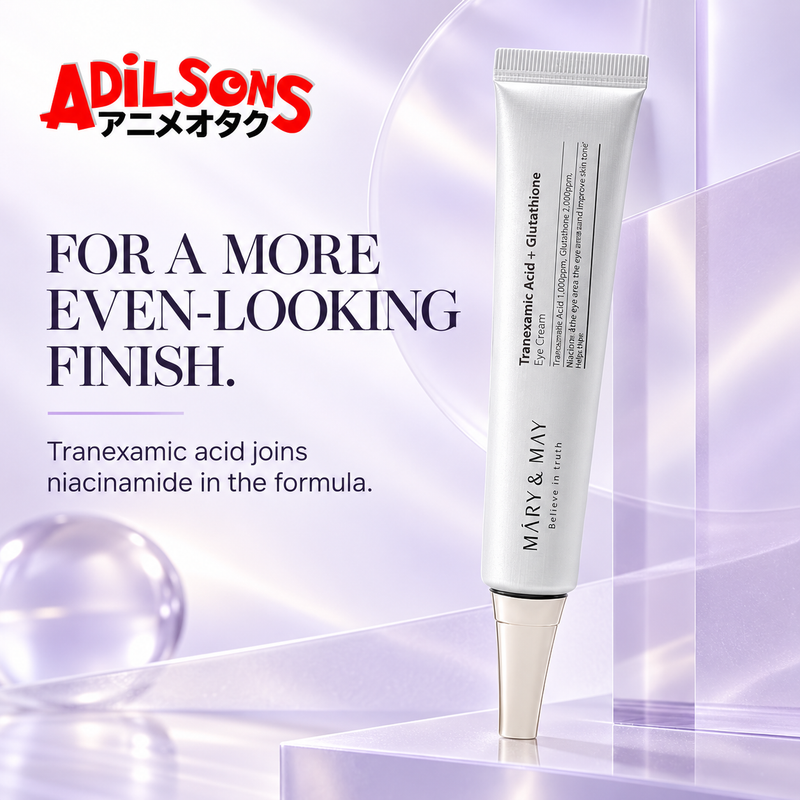 MARY&MAY Tranexamic Acid + Glutathione Eye Cream creative: FOR A MORE EVEN-LOOKING FINISH.