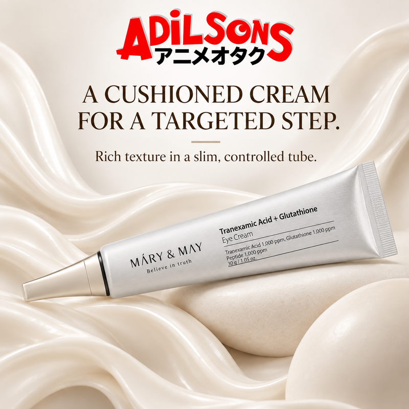 MARY&MAY Tranexamic Acid + Glutathione Eye Cream creative: A CUSHIONED CREAM FOR A TARGETED STEP.
