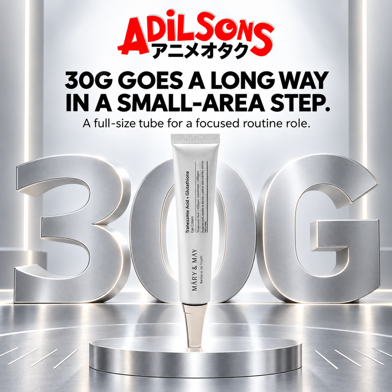 MARY&MAY Tranexamic Acid + Glutathione Eye Cream creative: 30G GOES A LONG WAY IN A SMALL-AREA STEP.